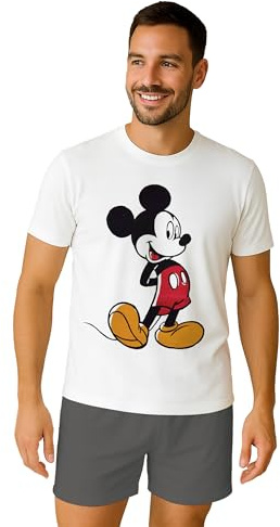 Disney Mickey Mouse Schlafanzug für Herren - Pyjama Set Männer Kurzarm Oberteil mit Shorts Hose Grau/Weiß (DE/NL/SE/PL, Alphanumerisch, L, Regular, Regular)