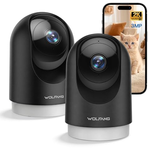 WOLFANG Cámara Vigilancia Interior 2K, Cámara Vigilancia Domicilio WiFi 360° PTZ con Seguimiento, Vision Nocturna y Audio Bidireccional, Cámara Vigilancia Perros, Compatible Alexa, Pack de 2