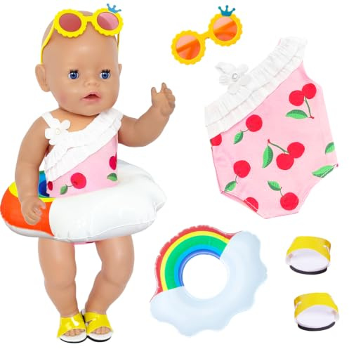 Kit de natation compatible avec poupée de natation pour nouveau-né de 35 à 45 cm, 4 pièces de maillot de bain Cherries pour bébé avec bouée, lunettes de soleil et sabots, vêtements d'été pour poupées