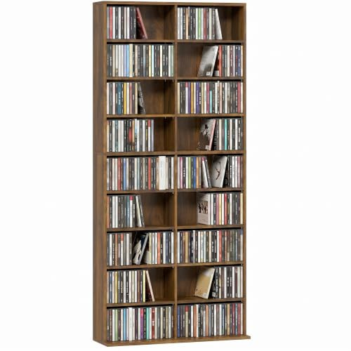 HOMCOM Rangements pour CD et DVD 18 Compartiments 78,5x24x175cm Noyer Foncé | Meuble de Rangement Multimédia, Capacité Max. 640 CD/360 DVD et 430 Blu-ray, 14 Étagères Réglables, pour Salon, Chambre