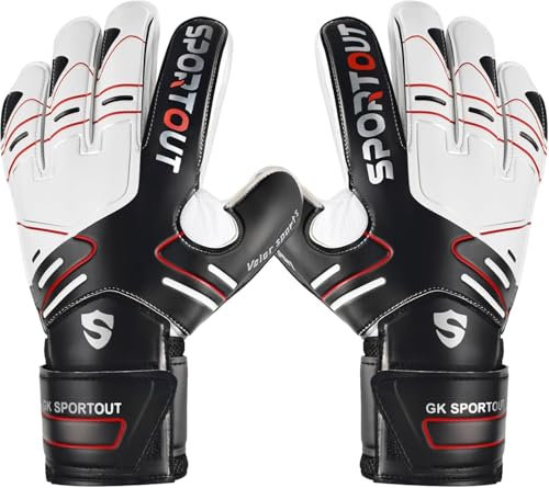 Sportout Torwarthandschuhe, Fußballhandschuhe mit Fingersave, Torwarthandschuhe Kinder,Herren mit rutschfeste 4mm Latex, Torwart Handschuhe für Kinder, Erwachsene und Jugendliche (Black, 10)