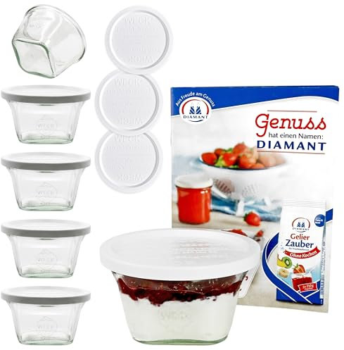 MamboCat 6er Set Weckgläser 290 ml Quentin-Glas eckig I Original Weck Glas mit Frischhalte-Deckel I Weck Dessertglas Sturzglas I Einweckgläser Set inkl. Diamant-Zucker Gelierzauber Rezeptheft