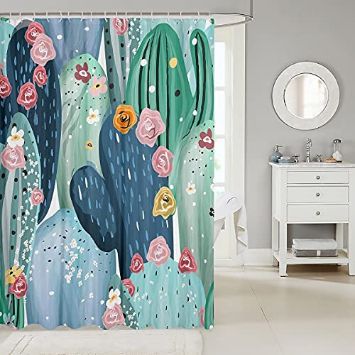 Kaktus Duschvorhang für Badezimmer Dekor mit 12 Haken, tropische Aquarell Blumen Bad Vorhang Kaktus Blumen Blüte Stoff Duschvorhang Pflanze Grünes Blatt Sukkulente Bad Dekorationen - 180x180 (BxL)