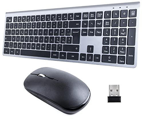 HomiTech Kit Tastiera e Mouse Wireless Batteria Ricaricabile Integrata Senza Fili per Computer PC Tablet Compatibile Windows Android Mac 16 Tasti Multimediali Alta Precisione Silenzioso Ergonomico