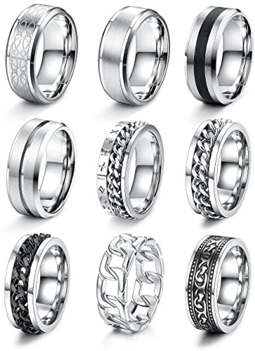 JeweBella 9 Stück Edelstahl Ringe Set für Herren - Silber Poliert Keltischer Knoten Vintage Biker Schwarz Kette Wikinger Gothic - Verlobung Freundschaftsringe für Männer