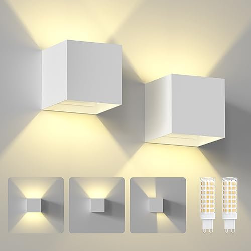 ChangM 2 Pezzi 7W Applique da Parete Esterno Interni LED Lampada, IP65 Lmpermeabili con Lampadina Sostituibile G9 LED, Bianco Caldo 3000K, Angolo del Fascio Regolabile Applique, Guscio Bianco