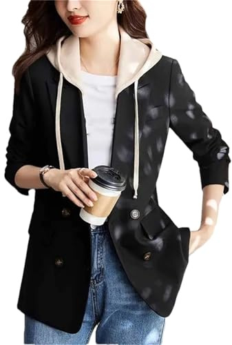Hndudnff Veste à capuche pour femme avec manches longues - Blazer d'affaires décontracté - Veste mince avec poches, Noir , L