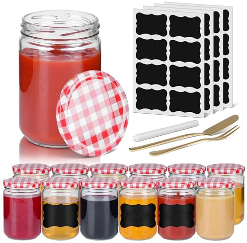 YRHome 350 ml med lock glas syltburkar 12 st. konserveringsburkar med etiketter & penna & spatel & gaffel för förvaring av mat, gör-det-själv, presenter, dekoration röd
