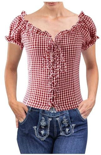 Trachtenbluse Damen Oktoberfest Outfit Moderen Bayrische Trachten Karierte Bluse Oberteil Kurzarm Schulterfrei Trachtenblusen Große Größen Dirndl Trachtenshirt