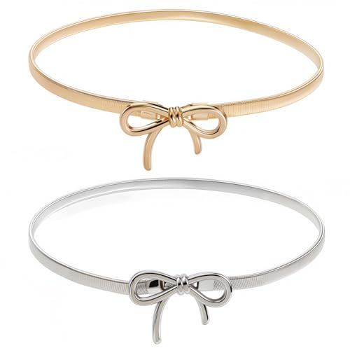 CABODYALS 2 st 2 färger guld silver rosett bälte set legering smal rosett design midjeband justerbara tunna mode midja kedjor bälten för kvinnor fest bröllop formell klänning jeans skjortor tillbehör