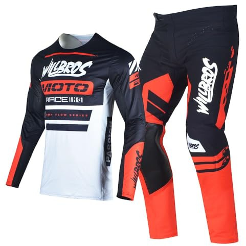 Willbros Combinaison de Pantalons Maillot Jersey MX Enduro Motocross Hors Route Moto MTB BMX pour la Compétition Homme Femmes Noir Rouge (Jersey L Pants 34)