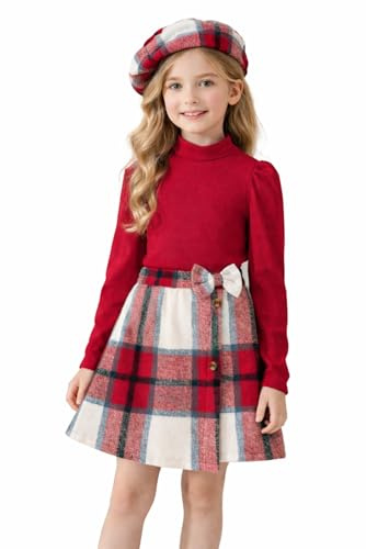 Completi e set di abbigliamento da bambina - Top a maniche lunghe rosso scuro, gonna a quadri con elastico in vita e berretto, perfetto per autunno e inverno, Rosso, 150