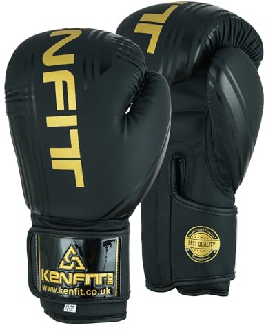 KENFIT Guantoni da boxe e MMA, per allenamento, Muay Thai, guantoni da boxe per ragazzi e adulti, guanti da combattimento in pelle, colore nero, 350 ml