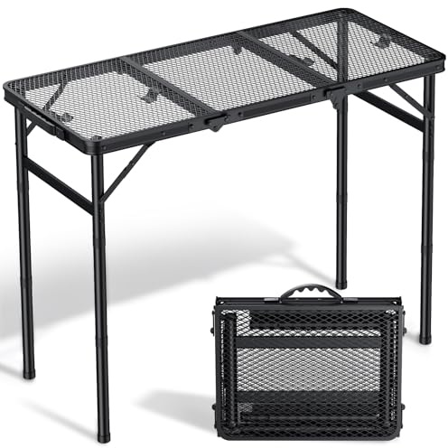 Diceaynico Folding Camping Table, 34.2x15.7 Picnic Table, 3 Adjust Height | 3-Fold Mesh Black Aluminum, Handle for Party Dining Garden Patio, Max 27.5 Folding Table