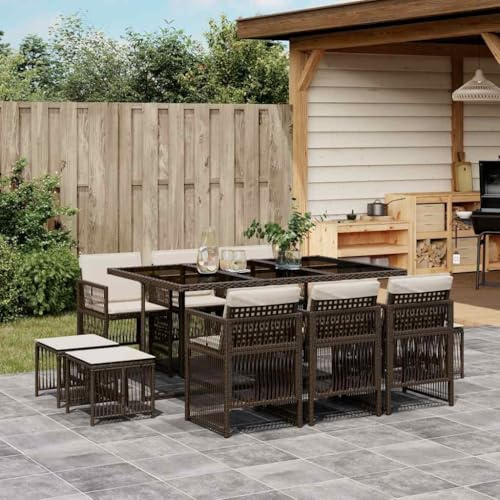 RMIHSJG 11-TLG. Gruppo da giardino con cuscino, marrone, in polyrattan, sedie pieghevoli e sgabelli per risparmiare spazio, comoda imbottitura con rivestimenti lavabili, resistente alle intemperie