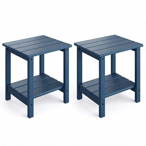 Garvee Mesa Auxiliar Exterior Estilo Adirondack 45 x 38 cm，Mesa de Dos Niveles en HDPE con Acabado Efecto Madera，Resistente a la Intemperie Terraza，Jardín y Piscina，Azul Marino，Pack de 2