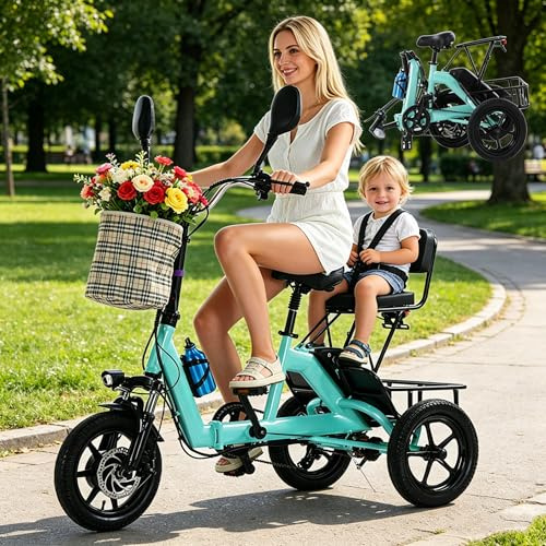 Triciclo elettrico pieghevole per adulti, 2 posti con telaio a scavalco, batteria rimovibile da 48 V 10 Ah, autonomia di 72 km, carico massimo 180 kg, blu.