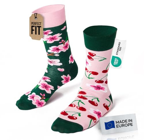 Many Mornings - Mismatched Socken - Lustige Socken Unisex - Kirschblüten Socken - Geschenkidee - Design: Cherry Blossom - Made in EU - 39-42