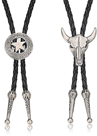 Finrezio 2 Pezzi Bolo Cravatta in Pelle Intrecciata Collana Ciondolo Vintage Testa di Toro Cowboy Occidentale Regali per Uomo Colore Argento antico