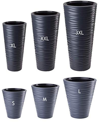 Blumentopf Slim Rund 3D Effekt - Wellen - Farbe: Anthrazit mit Herausnehmbaren Einsatz, Set 6