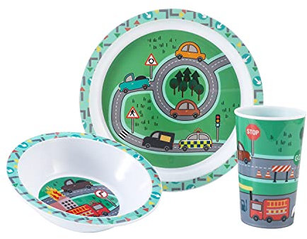 Vehicle 3Pcs Coloured Dining Set - Plate, Bowl and Tumbler Dinnerware Set for Children, BPA Free