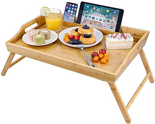 Vassoio per la colazione, Vassoio da letto in bambù con gambe pieghevoli, Vassoio da lavoro per leggere e mangiare Vassoio da portata pieghevole da scrivania per laptop con maniglie per il trasporto