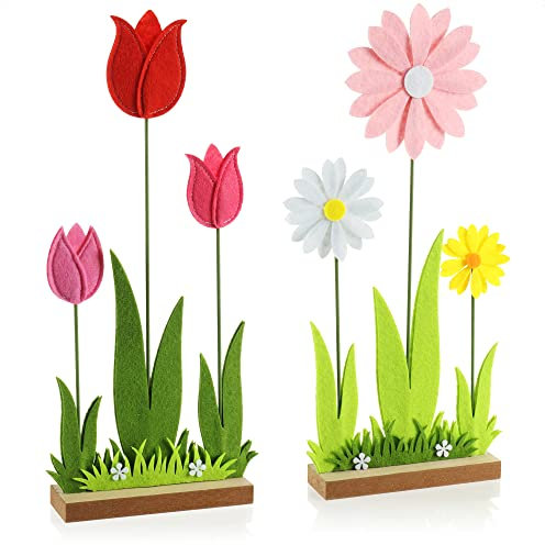 com-four® 2x Espositori decorativi per Pasqua e primavera - simpatici fiori in feltro - decorazioni pasquali da appoggiare in legno e feltro (Fiore - 2 pezzi)