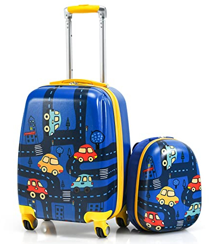 GYMAX 2Pc Kid Carry On Luggage Set, 12 & 18 Kids Suitcase with 4 Spinner Wheels, Travel Rolling Trolley (Cars)