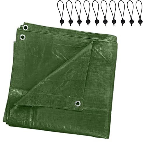 3 x 3 m Tarpaulin Waterproof Heavy Duty Cover Camping Ground Sheet Caravan Furniture Multipurpose + 10 Bungee Balls (Green – 90 GSM)
