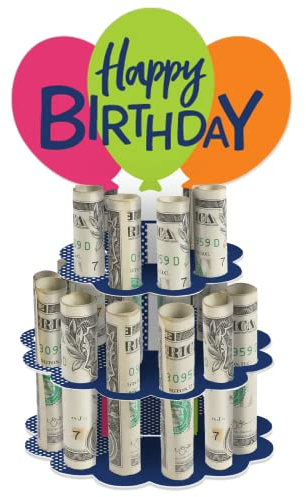 Big Dot of Happiness Birthday Money Gift Display - DIY Cash Holder Stand with 20 Bill Slots, Money Cake, Cash Cake 7.5-Inch Presentation Centerpiece