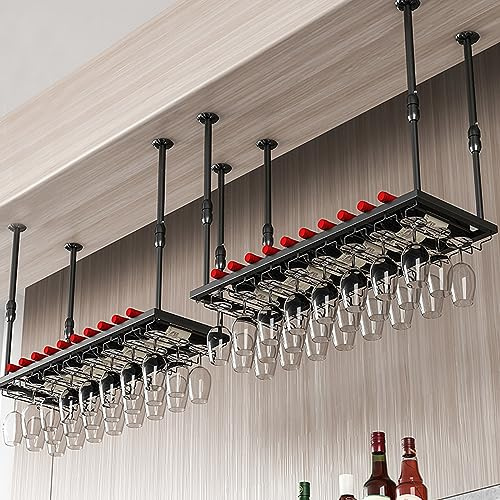 SAGIDAR Soporte De Copa Vino Colgante, Copas Estante De Exhibición Negro/Dorado, Estante para Vinos De Techo 60cm-200cm, Soporte para Vasos De Hierro, para Familia, Restaurante, Hotel Bar