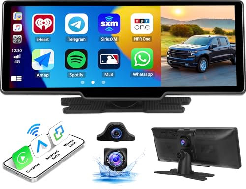CAMECHO Drahtloses A-pple Carplay Android Auto Tragbares Autoradio, 10.26 Zoll Touchscreen Display mit Navi Siri/Bluetooth Mirror Link FM/AUX/Type-c + 2,5K-Dashcam Vorn + 1080p Rückfahrkamera+ Kamera