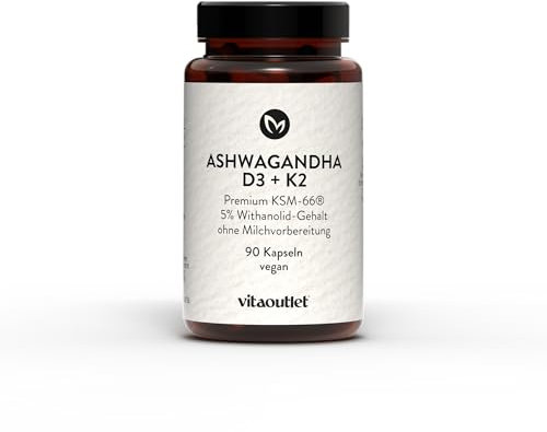 vitaoutlet | D3+K2 mit Ashwagandha | Duo Komplex | 1 Kapsel täglich | Für 120 Tage | KSM-66® | Vitamin D3 | Vitamin K2 | Bio Ashwagandha | 100% vegan |