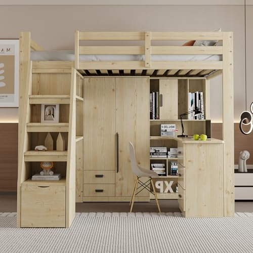 MOBETTRES Cama alta de 90 x 200 cm, mesa de trabajo con estantes y armarios, escalera de seguridad con espacio de almacenamiento, con cajones de almacenamiento, cama individual, camas infantiles,