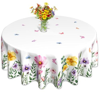 JYKCUL Summer Floral Tablecloth Round 60 Inch, Wildflowers Butterfly Table Cloth Washable Table Cover for Anniversary Wedding Party Picnic Kitchen Dinner Spring Decor
