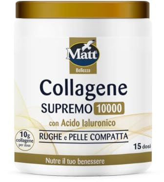 Matt, Collagene Supremo 10000, Integratore Alimentare con Peptidi di Collagene, Acido Ialuronico, Magnesio e Vitamina C, Aiuta a Contrastare le Rughe, Rende la Pelle più Compatta, 15 Dosi