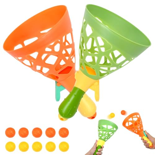 Zuxbolf Juego de 2 Cestas y 10 Pelotas Raquetas con Lanzador Automático de Pelota Juguetes al Aire Libre para Niños Juego para Fiesta de Cumpleaños Divertido y Dinámico para Jugar en Jardín Playa