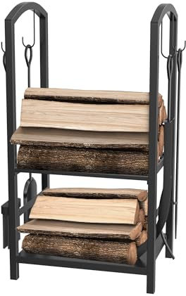 LILIIN Étagère à bois de cheminée - Lot de 5 pièces - En métal - Avec 4 outils de cheminée - Pour intérieur et extérieur - 40 x 38 x 75 cm