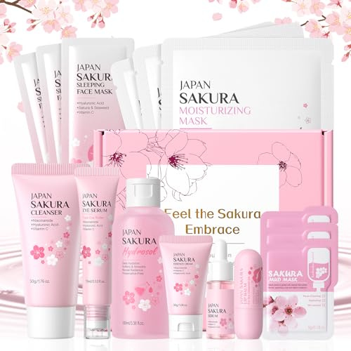 Kit per la Cura della Pelle Sakura 9 Pezzi, Set Skincare Ragazza Adolescente, Mini Size da Viaggio Prodotti Donna include Detergente Tonico Crema Viso Siero e Crema per Gli Occhi