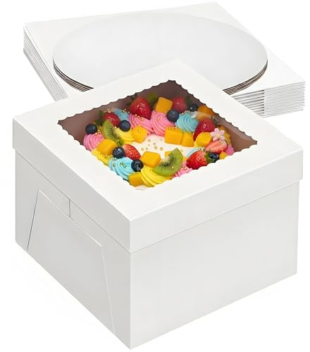 KUDLE Lot de 5 boîtes à gâteau blanches 30x30x20 cm avec fenêtre de visualisation, boîtes à gâteau en carton avec couvercle, boîtes de transport pour gâteaux, emballage pour gâteaux (12x12x8 pouces)