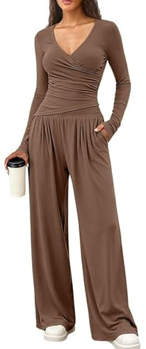 Sukiglam Tuta Donna Casual 2 Pezzi Completi Sportiva Maniche Lunghe Scollo a V Wrap Top e Pantaloni a Gamba Larga con Tasche Slim Fit Tute da Ginnastica Lounge Set per Jogging Yoga Fitness Autunno