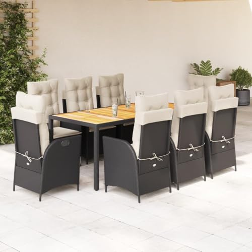 9-TLG. Gruppo da giardino in polyrattan nero con cuscino, sedie regolabili, tavolo in legno di acacia, per terrazza e balcone