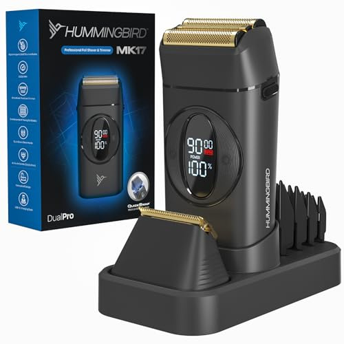 HUMMINGBIRD MK17 DualPro Foil Shaver & Beard Trimmer for Men – Gold Titanium Blades, Turbo Shaving & Torque Control, Metal Body, Digital Battery & RPM Display, Wet/Dry, USB-C & Wireless Charging Dock