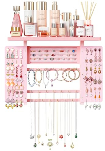 Emfogo Jewelry Organizer Hanging Wall Mounted Jewelry Holder, 5-in-1 Large Capacity Wood Necklace Organizer Wall Display for Ring, Necklaces, Bracelets, Earrings (Pink)