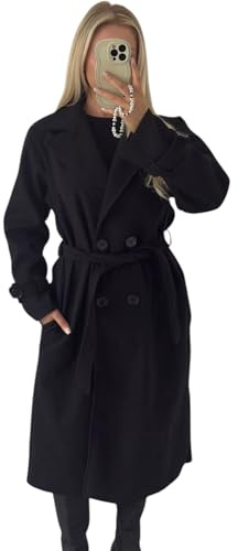 Crazy Fashion Coats For Women UK Winter Jackets Long Sleeve Plain Double Breasted Wool Blend Long Trench Plus Size Coat with Belt, Classic Lapel Ladies Overcoat(Black, UK 10-16)