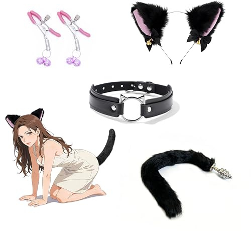 Quintrost Plug Anale con Coda di Volpe 4 Pezzi, Masturbatore Set con Morsetti per Capezzoli, Collare e Orecchie di Gatto, SM Butt Plug Giocattolo del Sesso per Coppie Fascia Cosplay