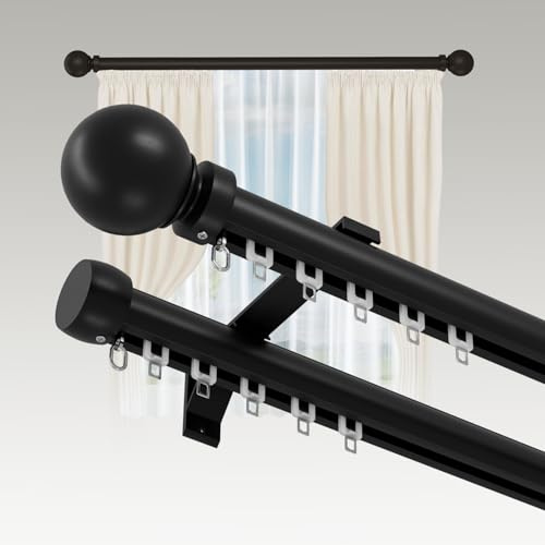 Riel para Cortinas doble, Riel de Cortina de Doble Carril Deslizante Silencioso, Carril Doble de Aluminio para Cortinas para Dormitorio Sala Salón Hospital (Negro, 2.4m)