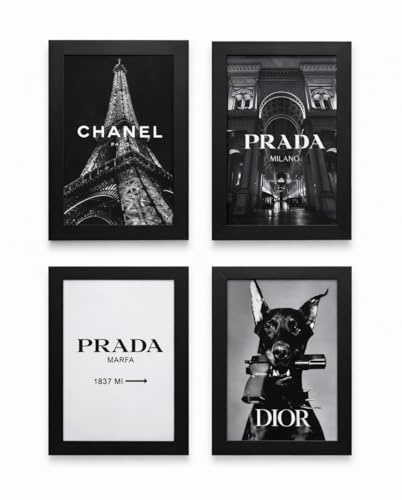Generico Set 4 Quadri Poster con Cornice Nera, Tema Moda Luxury Brand, 20x30 cm, Stile Moderno, Handmade, Alta Qualità