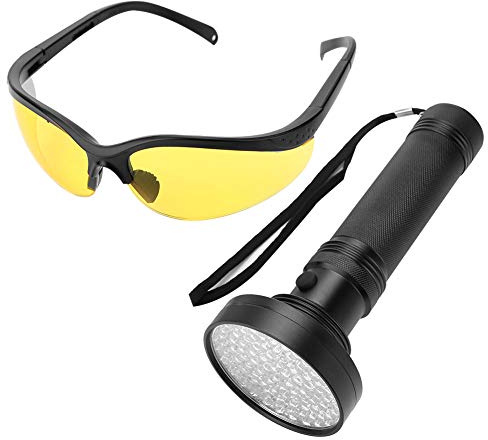 Fdit Lampe de Poche, Torche à Lumière Noire avec 100 LED et Lunettes de Protection pour la Détection de Scorpions, la Vérification des Devises