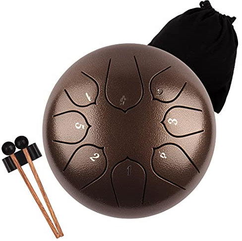 LOMUTY Stahlzungentrommel, 6 Zoll 15 cm Steel Tongue Drum, C-Dur 8 Noten, Handtrommel HandPan Drum mit Drumsticks/Tragetasche(Braun)